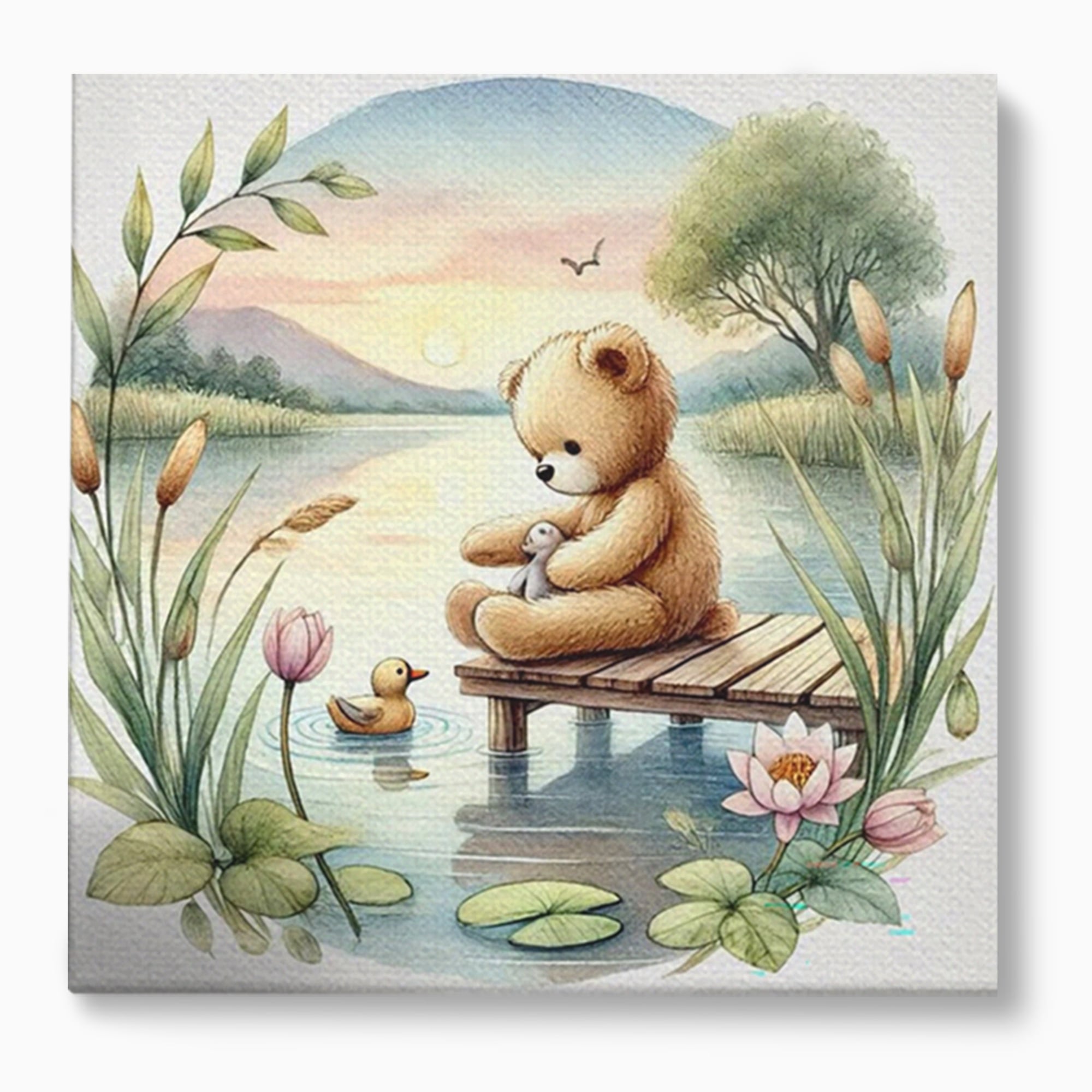 Tablou canvas cu tablou canvas cu ursulet pe ponton, fara rama, pe sasiu de lemn